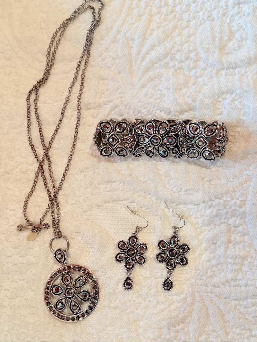 Silver-Tone Floral Pendant Necklace, Bracelet & Earrings Set - jeweled Accents